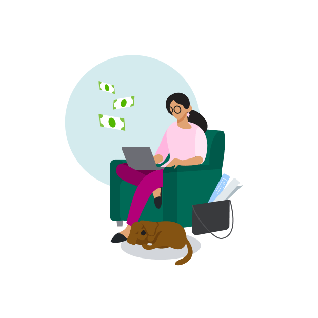An illustration of a worker sitting in a comfortable chair working on a laptop. 